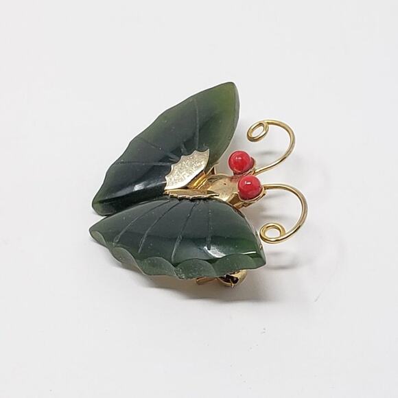 Gold-tone & Faux Jade Green Stone Red Eye Butterfly Brooch - Picture 4 of 8
